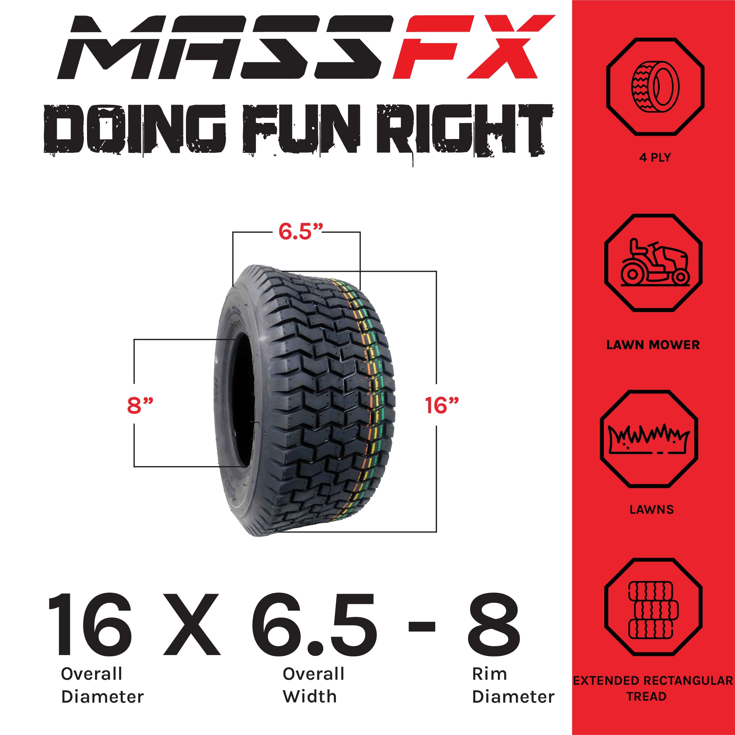 MASSFX 16x6.5-8 Lawn & Garden, Lawn Mower & Tractor Tires 4 Ply with 7mm Tread Depth (2 Pack) - image 2 of 9