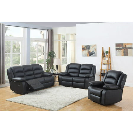 Classic and Traditional Black Real Grain Leather Recliner set - Sofa Double Recliner, Loveseat Recliner, Single Chair