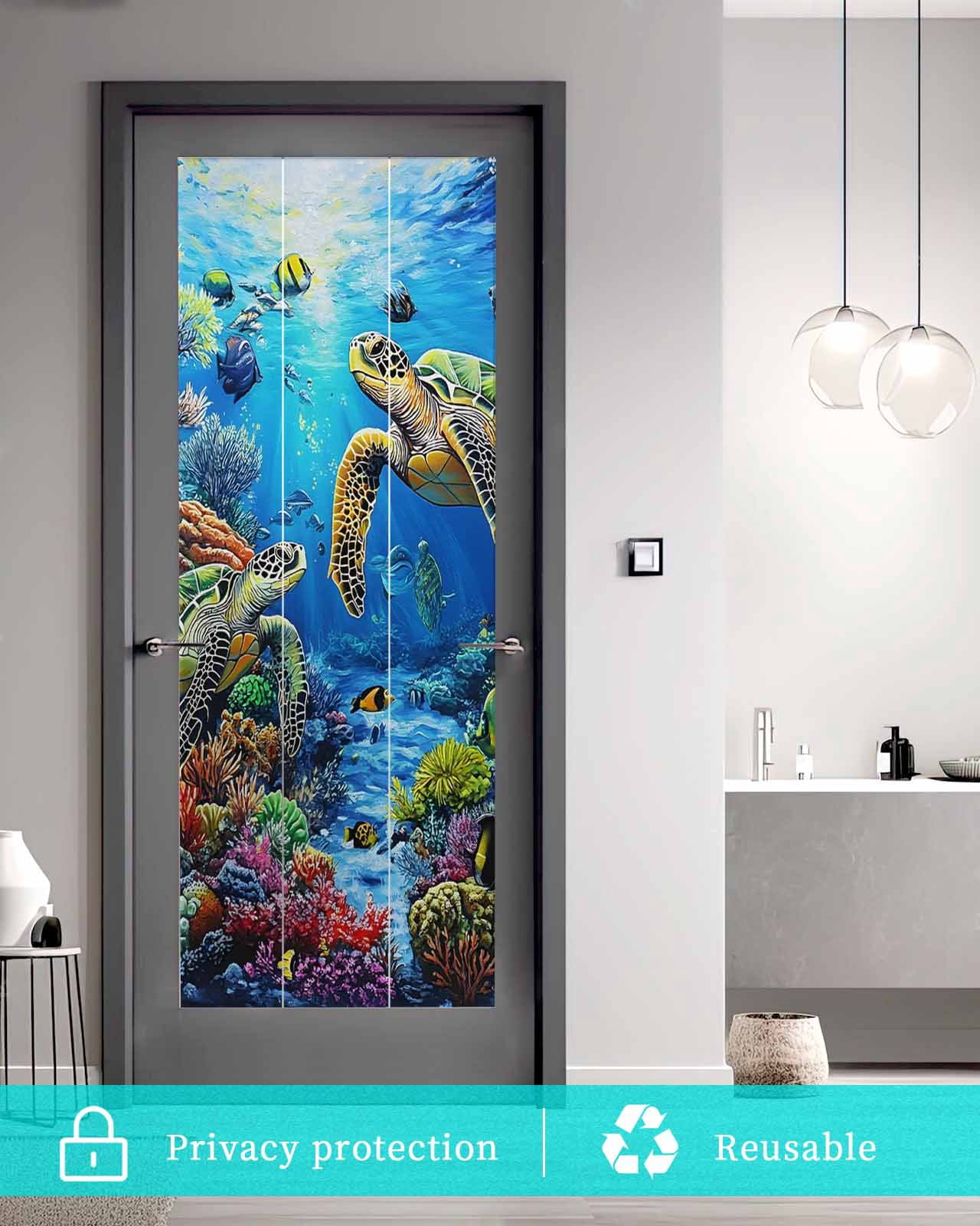 Window Privacy Film Blue Sea Turtle Ocean Stained Glass Window Film Decorative Sun Block Window Cover Colorful Coral Sea Underwater Window Clings Static Adhesive Sticker for Bathroom 23.6"x59"