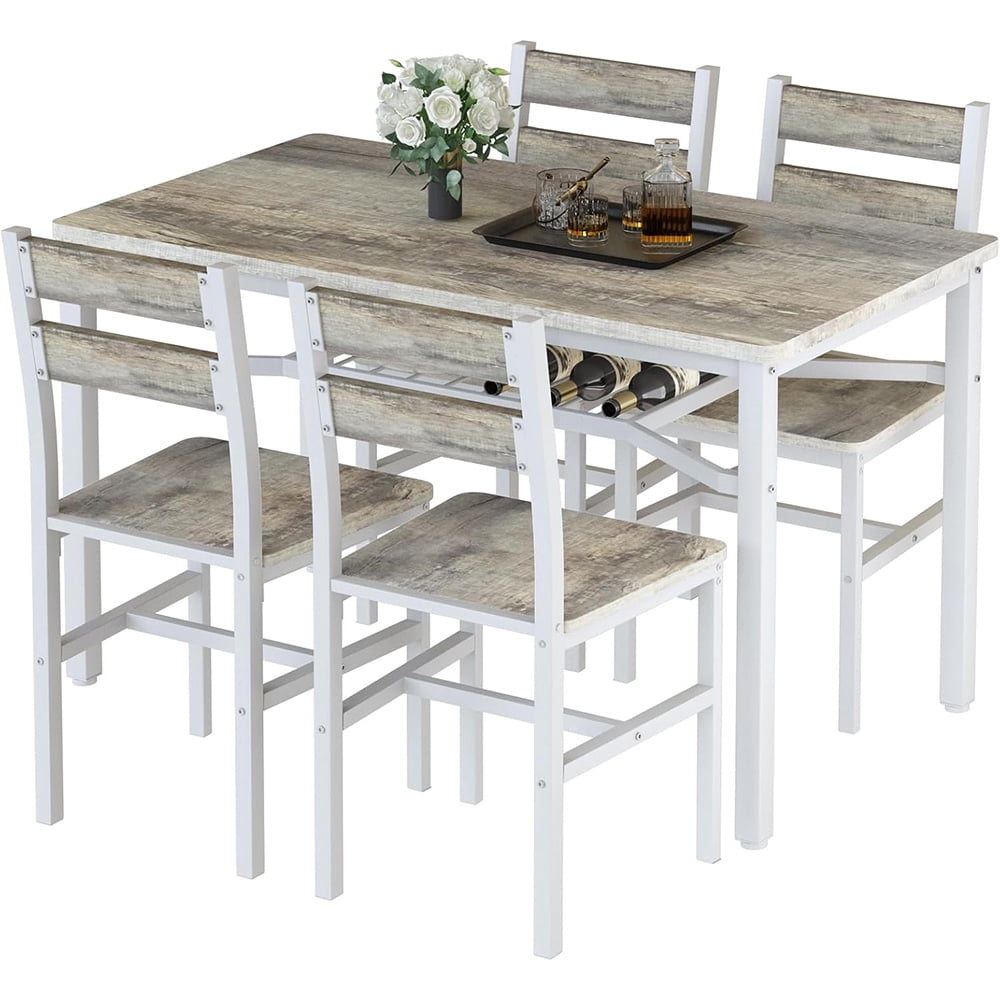 Cvortll Farmhouse Dining Table Set for 4, Wood Kitchen Table Chairs Set with Storage, Space-Saving Dinette Set for Breakfast Nook (Grey)