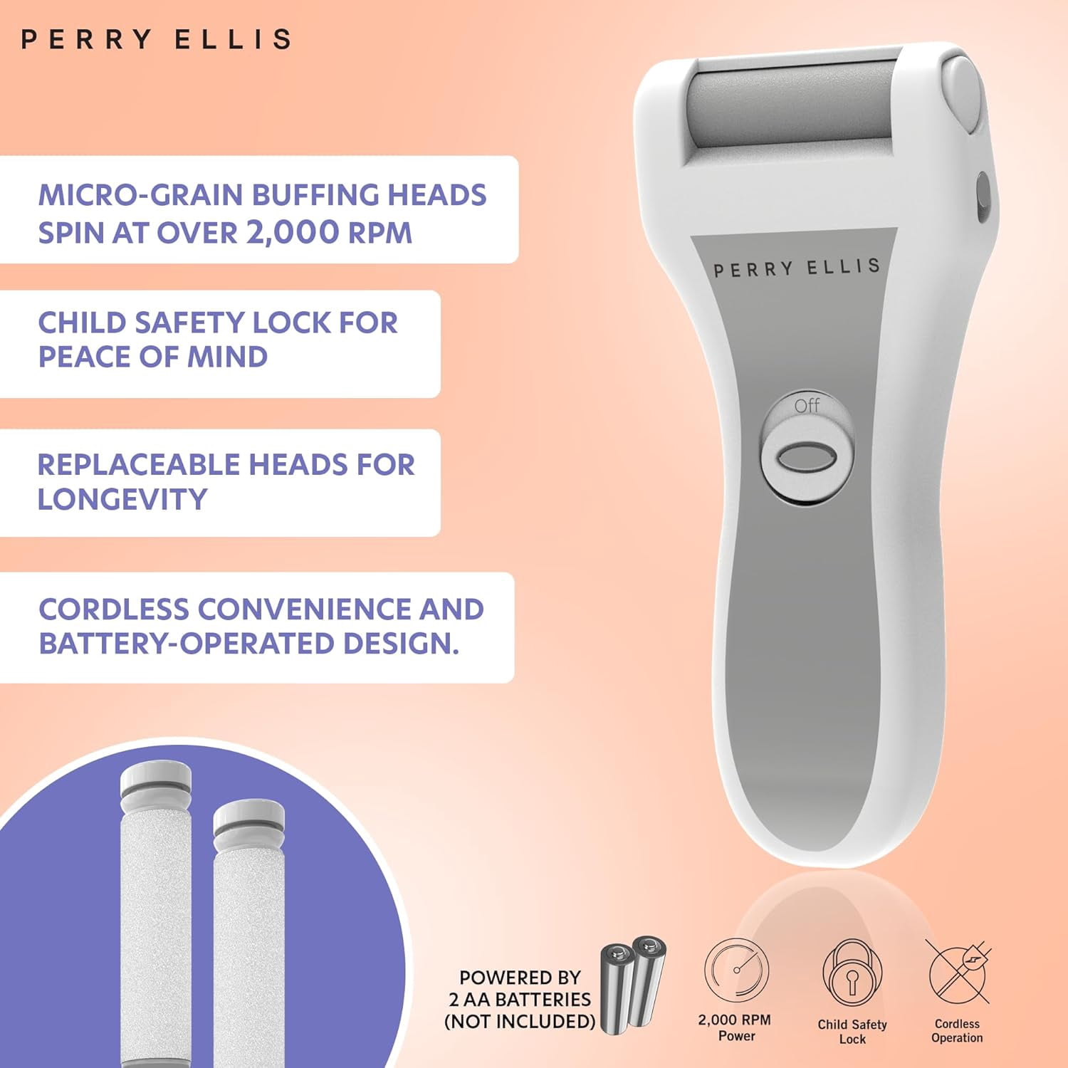 Perry Ellis Electric Callus Remover for Feet, Cordless and Portable Foot File Kit with 3 Pumice-Stone Heads, Cleaning Brush, Child-Safety Lock, and Protective Cap, 2,000 RPM, Batteries Not Included