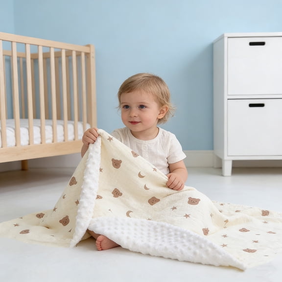 ICOPUCA Muslin Baby blanket 2 layers dotted minky Cute Bear print 30*50inch