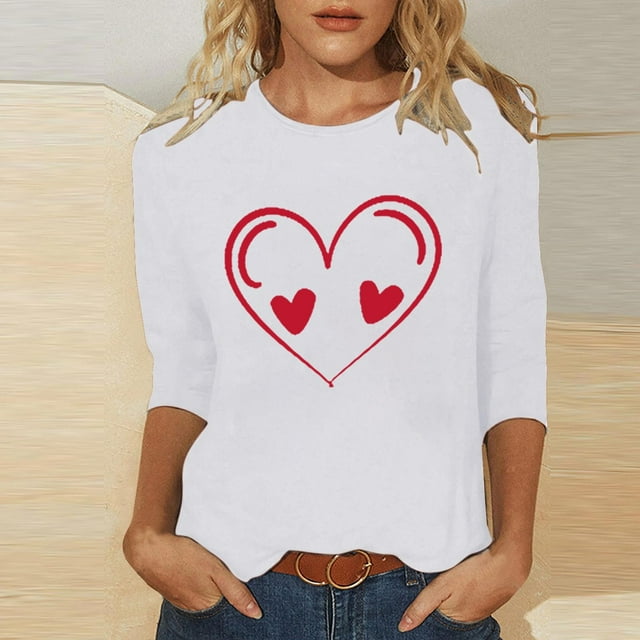 Ailaofu T-Shirts de la Saint-Valentin à Manches 3/4 Col Rond pour Femmes avec Imprimé Cœur Graphique