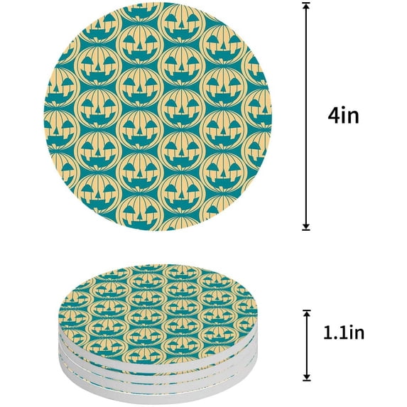 FMSHPON Halloween Pumpkin Light Set of 8 Round Coaster for Drinks, Absorbent Ceramic Stone Coasters Cup Mat with Cork Base for Home Kitchen Room Coffee Table Bar Decor