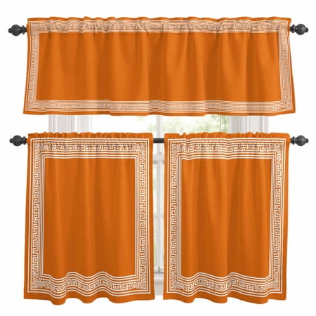 Burnt Orange Geometric Kitchen Curtains, Kitchen Curtains and Valances Set of 3, Country Greece Key Art Light Filtering Tailored Tier Curtain 36 Inch Length Drapes for RV Cafe Bathroom Bedroom