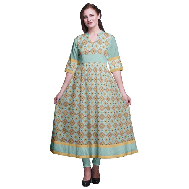 Bimba Green Artistic Floral & Check Geometric PrintAnarkali FlaredKurtiClassic Blouse Ethnic Dress For Ladies Medium