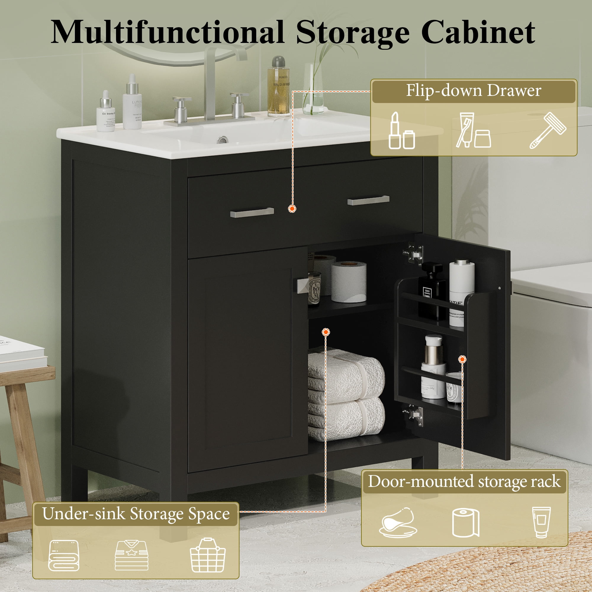 Euroco 60" Modern Black Bathroom Vanity Set with Double Vanities (Separate), Double Ceramic Sinks, Adjustable Shelf, Soft Close Doors and Flip Drawer– Modern Bathroom Solution for Spacious Bathrooms