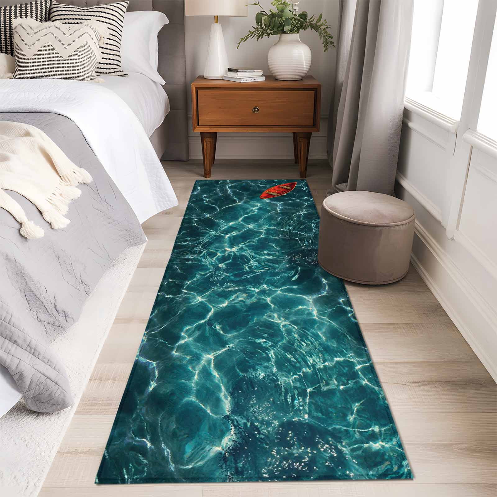 Teal Green Ocean Waves 2'x6' Runner Rugs for Hallway Kitchen Bedside Non Slip Washable, Red Boat Coastal Entryway Rug Runners with Rubber Backing, Long Carpet Runner for Laundry Room