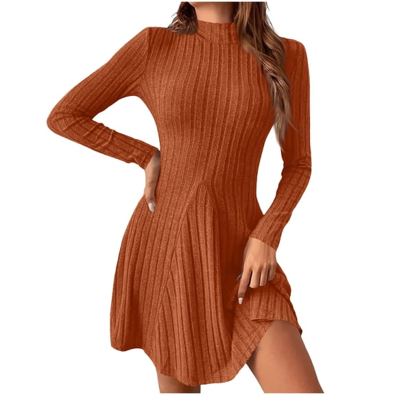 ZACPNCV Womens Long Sleeve Slim Fit Mock Neck A Line Dress Waist Defining Casual Day Dress for Office or Evening Wear