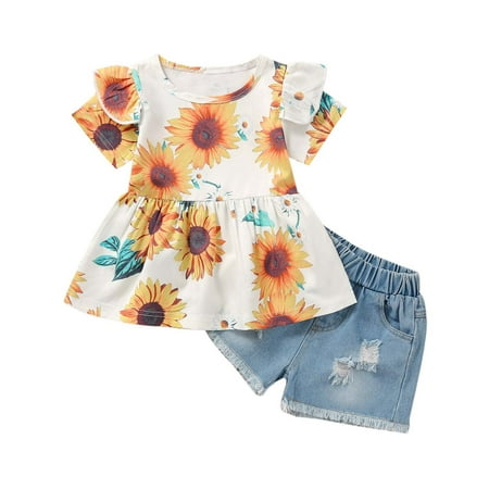 

Fesfesfes Summer Girl s Sun Flower Short-sleeved Top Lace Patch Jeans Two-piece Suit