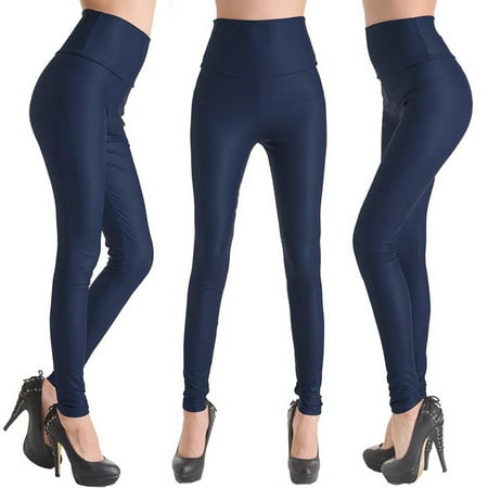 Womens Slim Fit High Waist Leather Leggings Winter Pants DARK BLUE M ...