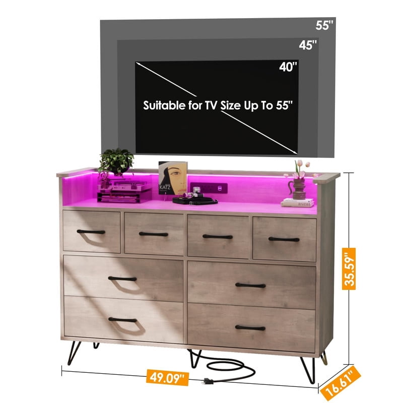 TROPOW 8 Drawer Wood Dressers for Bedroom with Led Light and Power Outlet, Wooden Dressers with Open Shelves and Gold Handle for Adult and Kids Bedroom, 16.6" Wide Modern Chest of Drawers