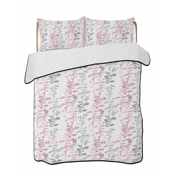 Full Size Quilt Bedding Set, Pink Grey Botanical Reversible Summer Quilt 3 Pieces, Spring Floral Summer Farmhouse Lightweight Bedspreads Coverlets with 2 Pillow Shams for All Seasons