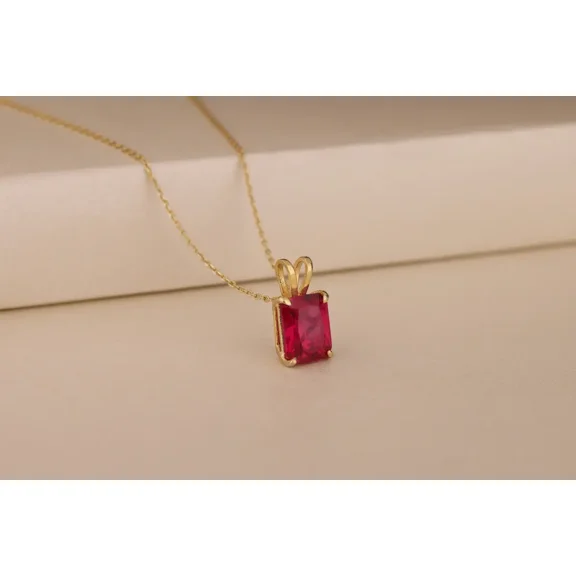 2CT Emerald Cut Red Ruby Solitaire Pendant Necklace with Chain | 14K Yellow Gold Plated 925 Sterling Silver | Classic Jewelry Gift for Women