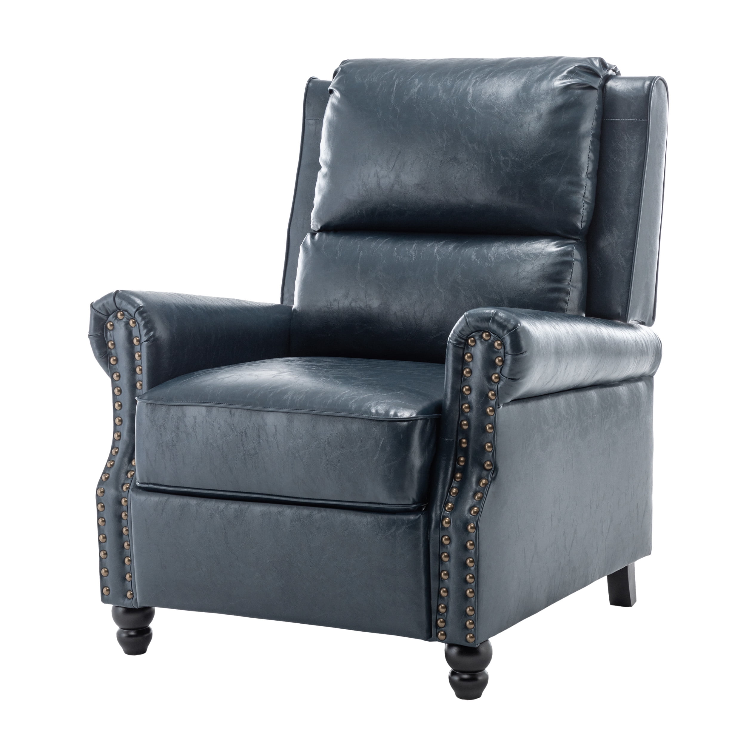 Push Back Recliner Armchair Faux Leather Wingback Accent Chair for Living Room,Navy Blue