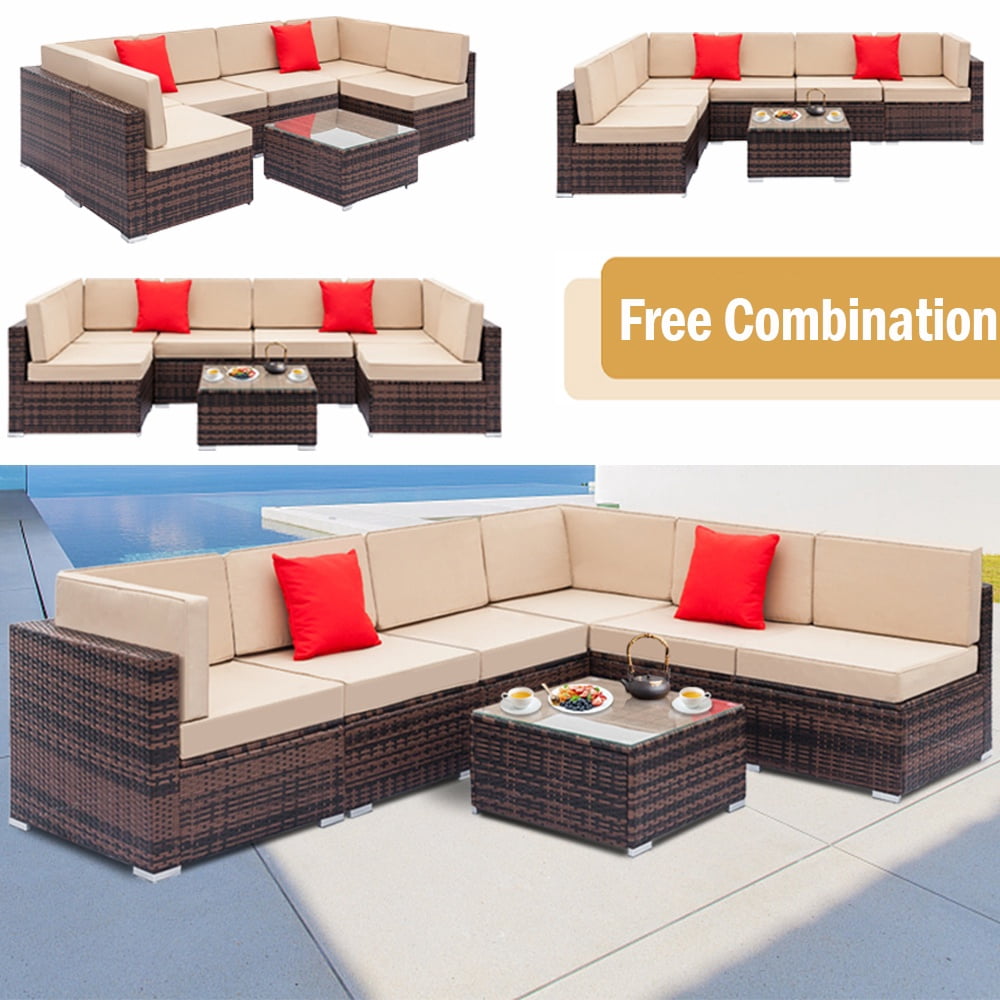 Seizeen Patio Funiture Set, Patio Sectional Sofa with 1 Multifunctional Table & Ottoman, 5-Piece Gray PE Wicker Rattan Sectional Sofa Set for Garden, Poolside, Backyard, Beige Cushions