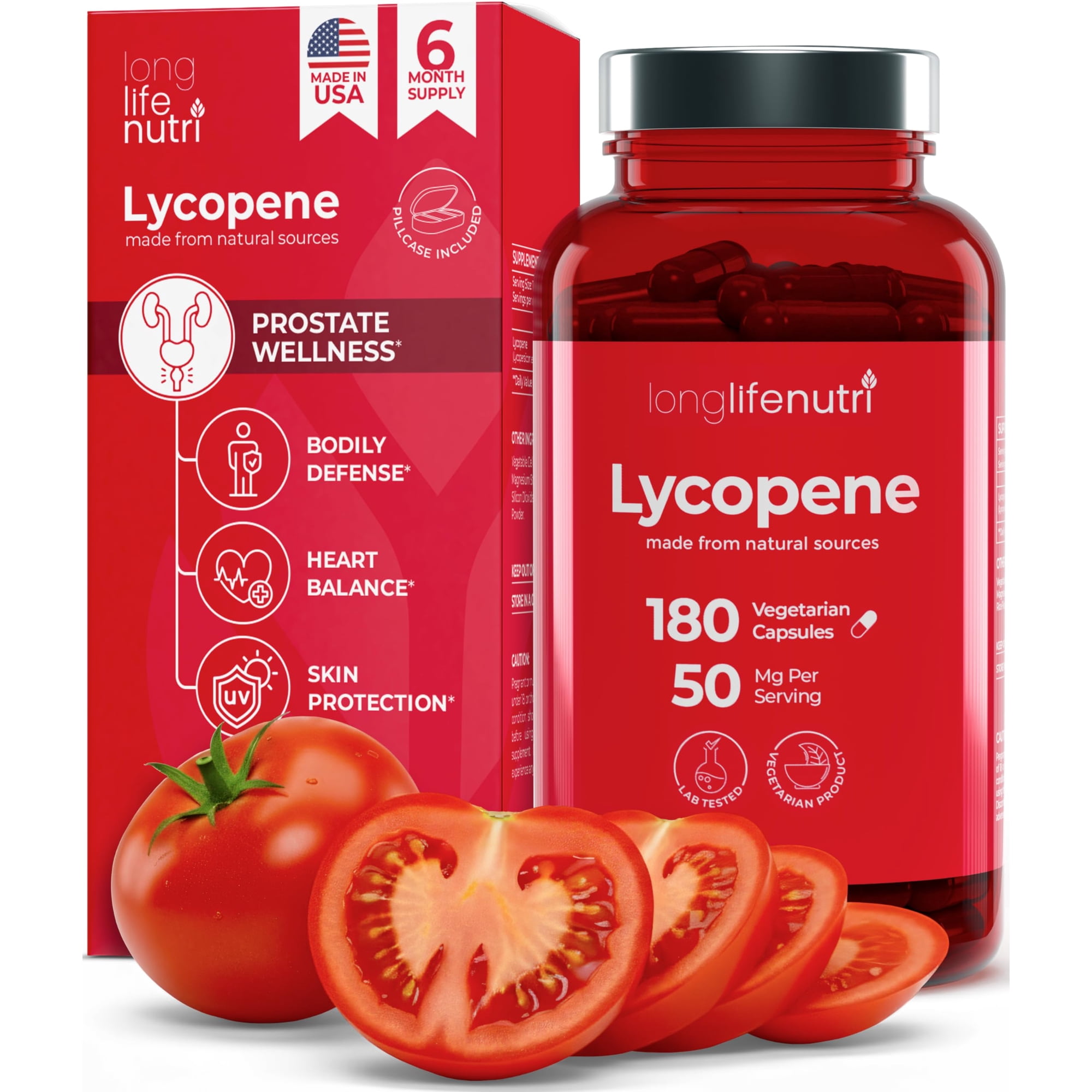 LongLifeNutri Lycopene 50mg, Natural Tomato Extract, 180 Veg Capsules