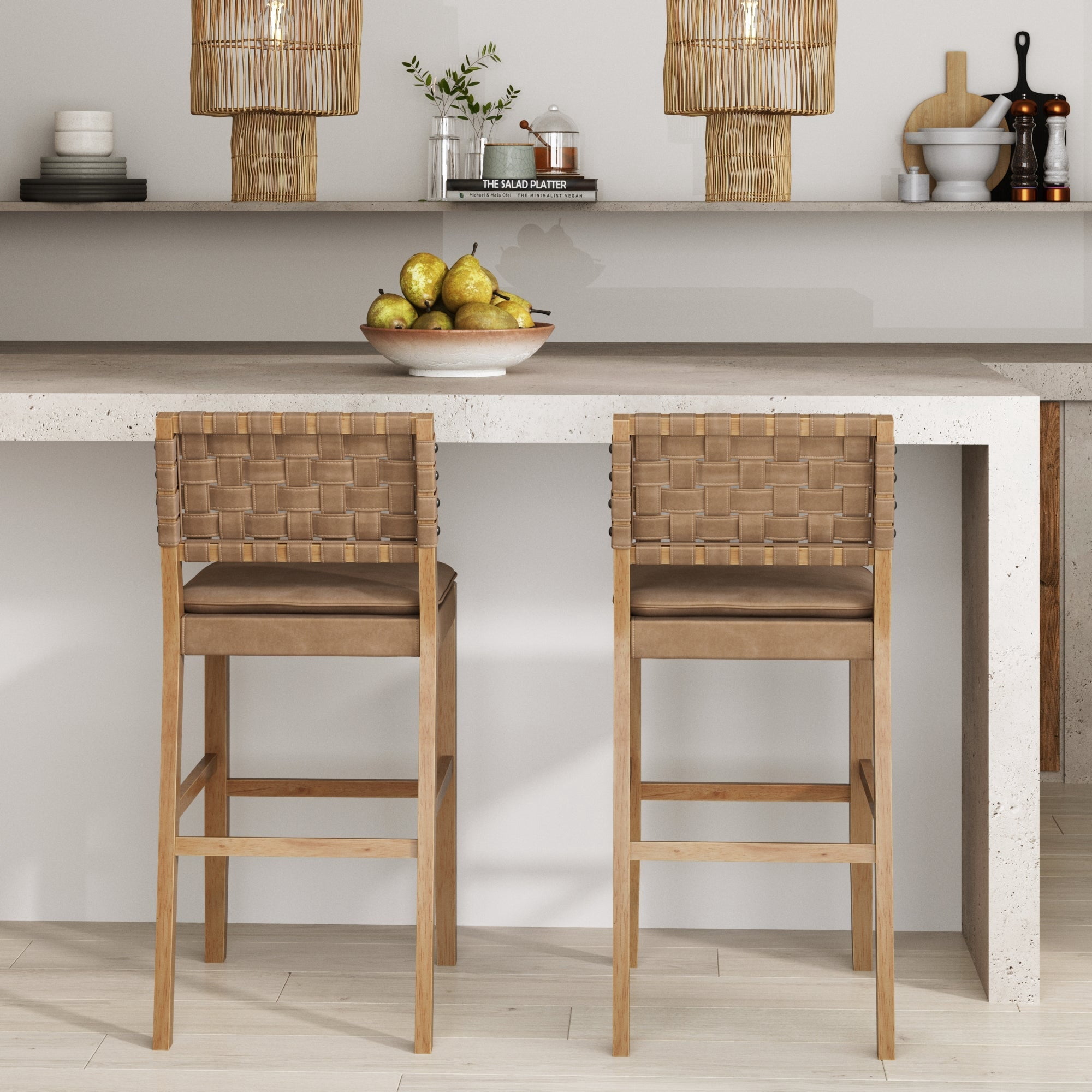 Nathan James Cohen Mid-Century Modern 29 in. Wood Bar Stool, Upholstered Faux Leather Bar Height Stool with Solid Wood Frame, Natural Brown, Set of 2