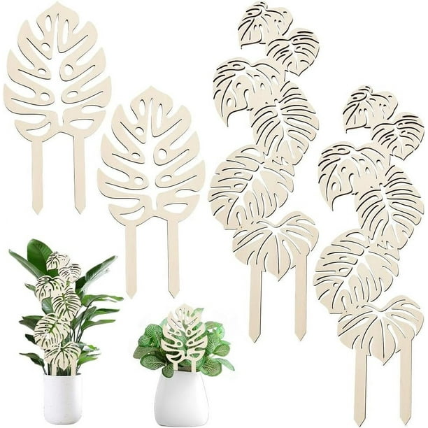Enrejado de madera para plantas de 2 estilos, 4 unidades, con hojas de Monstera, para macetas, pequeñas plantas de interior, soporte de madera para plantas trepadoras, de 25 a 39 cm de largo.