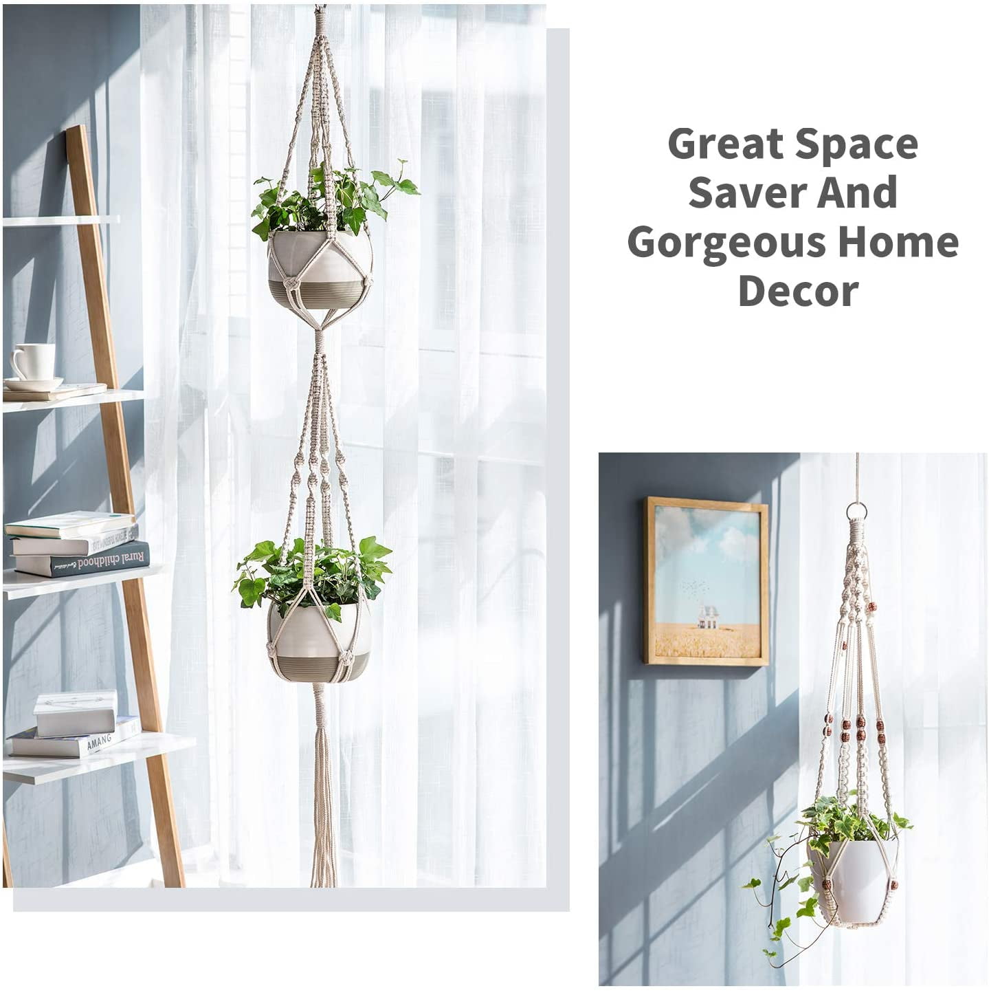 4PCS Macrame Plant Hangers, Indoor Hanging Planter Basket, Wall Decorative Flower Pot Holder with 4 Hooks for Indoor Outdoor Home Decor Gift Box