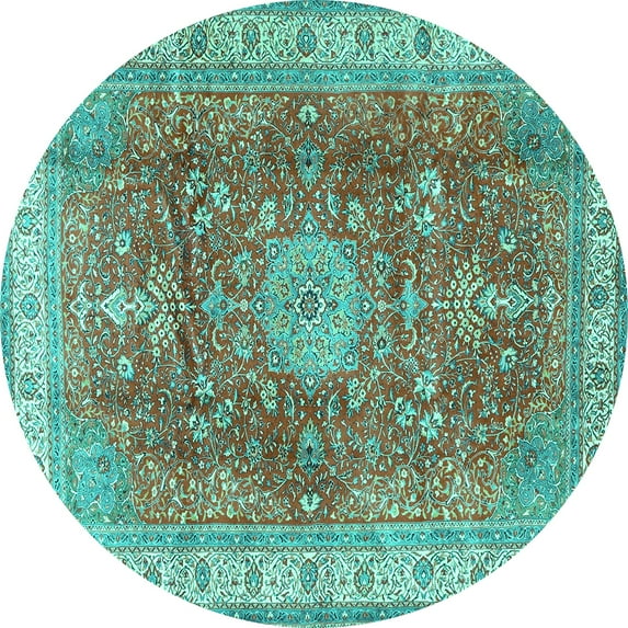 Ahgly Company Machine Washable Indoor Round Medallion Turquoise Blue Traditional Area Rugs, 5' Round