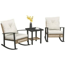 3 Pieces Bistro Set, Patio Wicker Furniture Set with Button Tufted Cushions Rattan Rocking Chairs Coffee Table, White