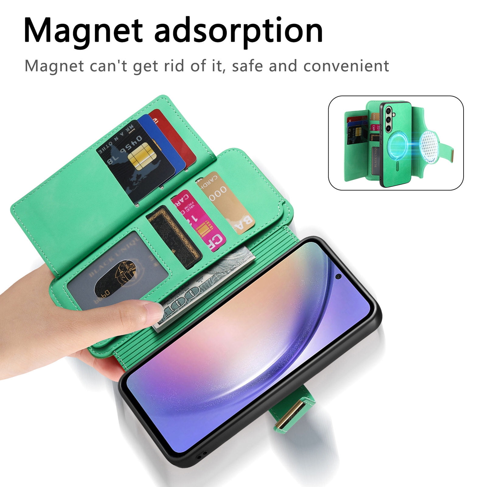 TECH CIRCLE for Galaxy S24 FE 2-in-1 Phone Case 6.7" 2024, Magnetic Back Cover with Removable Flip Wallet Case, with Card Slots/Ring Holder Grip, Compatible with MagSafe, PU Leather Case, Green