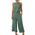 thumbnail image 1 of RT5YKing Ensemble 2 Pcs Coton et Lin Mode Femme Col Rond Blouse Sans Manches Unie + Pantalons Amples avec Poches, 1 of 8