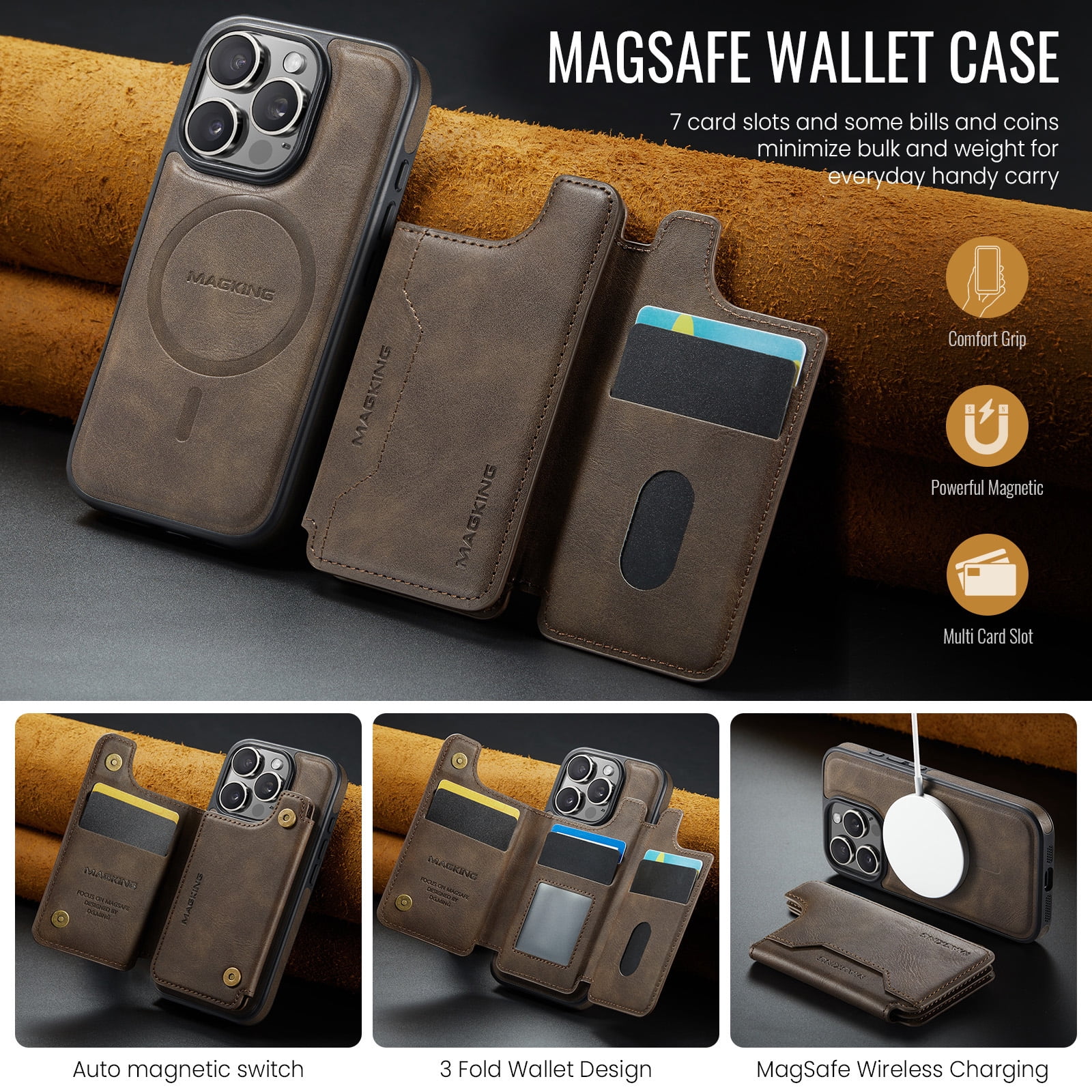 Designed for iPhone 16 Pro Max Wallet Phone Case,Magnetic Detachable Flip Card Holder,Back Flip Kickstand,Compatible with Mag-Safe,2-in-1 PU Leather Heavy Duty Shockproof Phone Case,Coffee