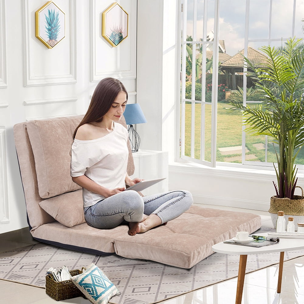 Kepooman Adjustable Folding Lounge Futon Sofa with Two Pillows for Floor, Beige Kepooman Adjustable Folding Lounge Futon Sofa with Two Pillows for Floor, Beige