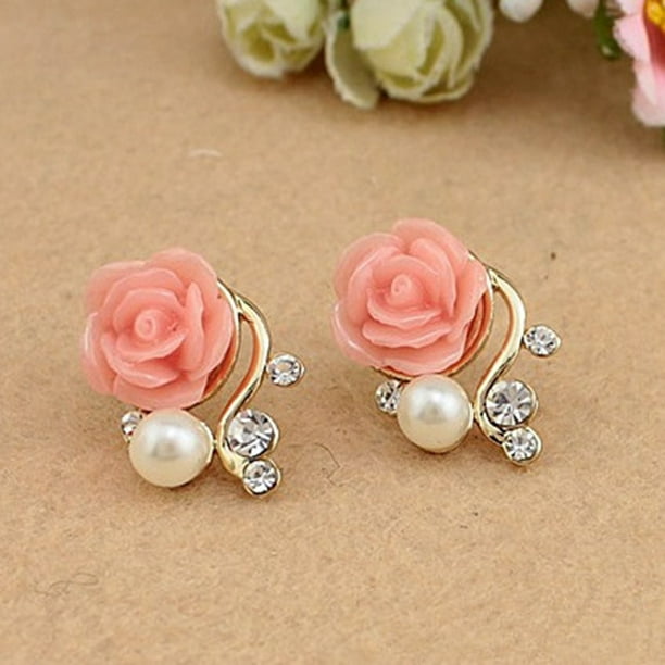 Women Flower Shape Rhinestones Pearl Earring Girls Ear Clip Pin