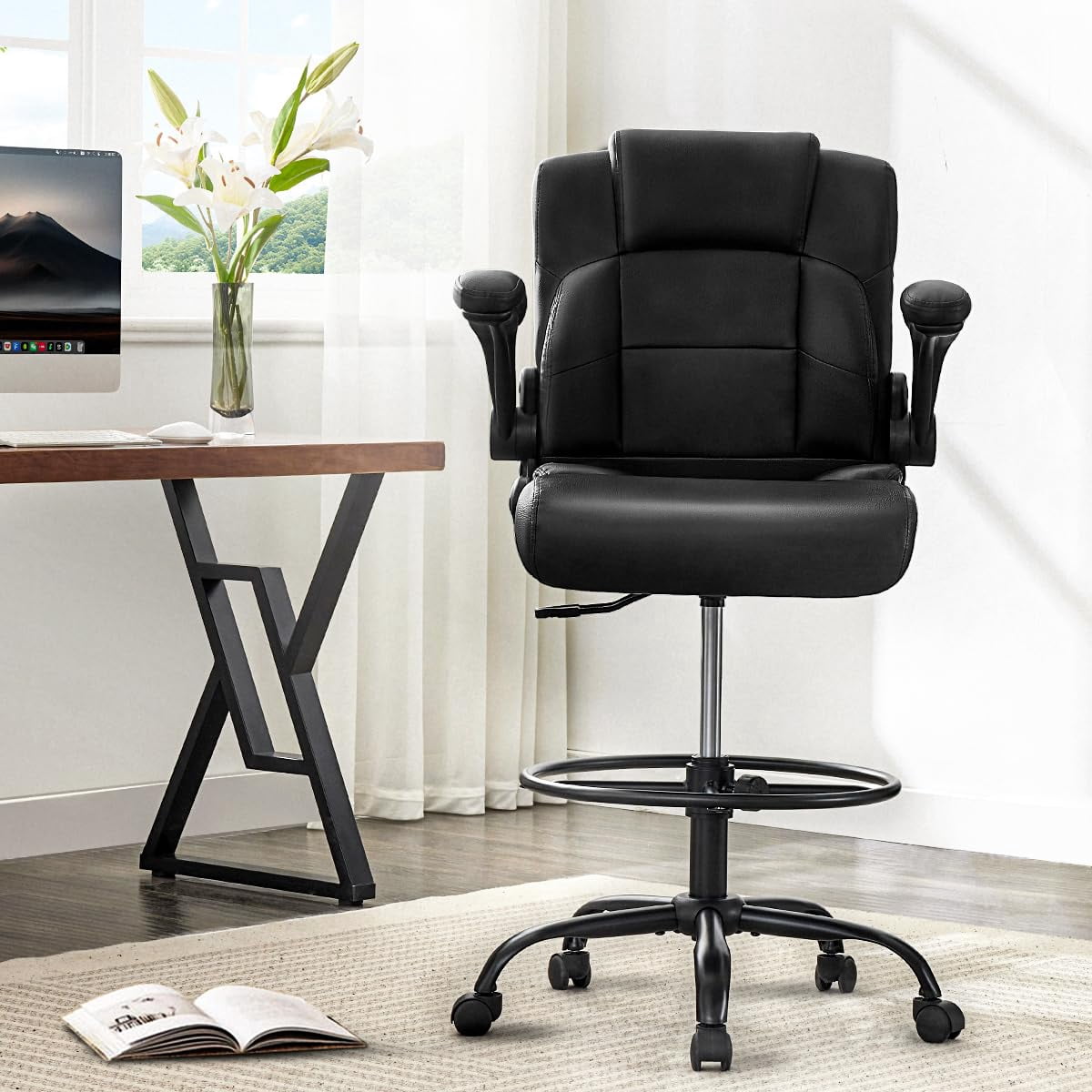 JONPONY 500 lbs Tall Office Chair with Flip-up Armrests for Standing Desk Executive Ergonomic Computer Leather Desk Chair with Lumbar Support, Adjustable Foot Ring for Home,Black