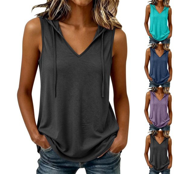 Pafei Tyugd Womens Hooded Tank Top Plus Size Loose Fit Sleeveless Shirts with Hood Summer Casual Drawstring V Neck Hoodie Green M