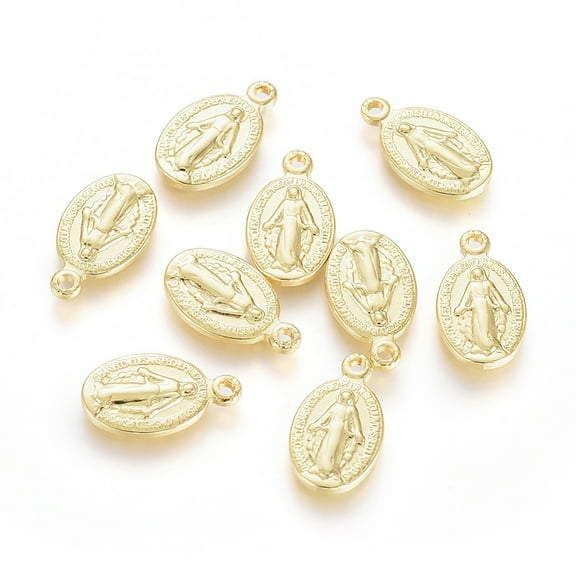 5 pc Brass Charms Long-Lasting Plated Miraculous Medal Oval with Virgin Mary Real 18K Gold Plated 14x8x1.5mm Hole: 1.2mm