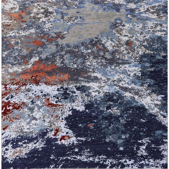 Ahgly Company Indoor Square Mid-Century Modern Dark Slate Blue Oriental Area Rugs, 3' Square