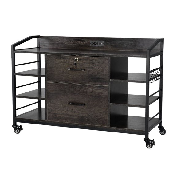 Metal File Cabinet 2 Drawers, 6 Shelves with Power Strip - Gray Office Storage Cabinet