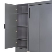 Modern Queen Size Solid Wood Murphy Wall Bed, Foldable Cabinet Bed in Dark Gray