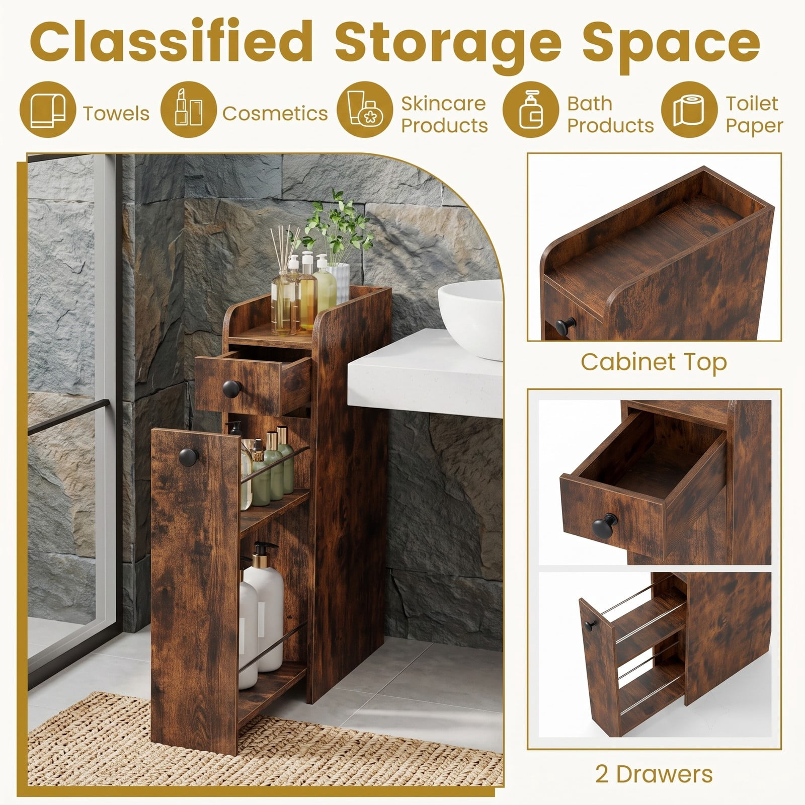 Fenbeli Small Bathroom Storage Cabinet, 4-Tier Narrow Slim Rolling Organizer with 3 Slide Out Drawers on Casters, Freestanding Storage Tower for Bathroom, Brown