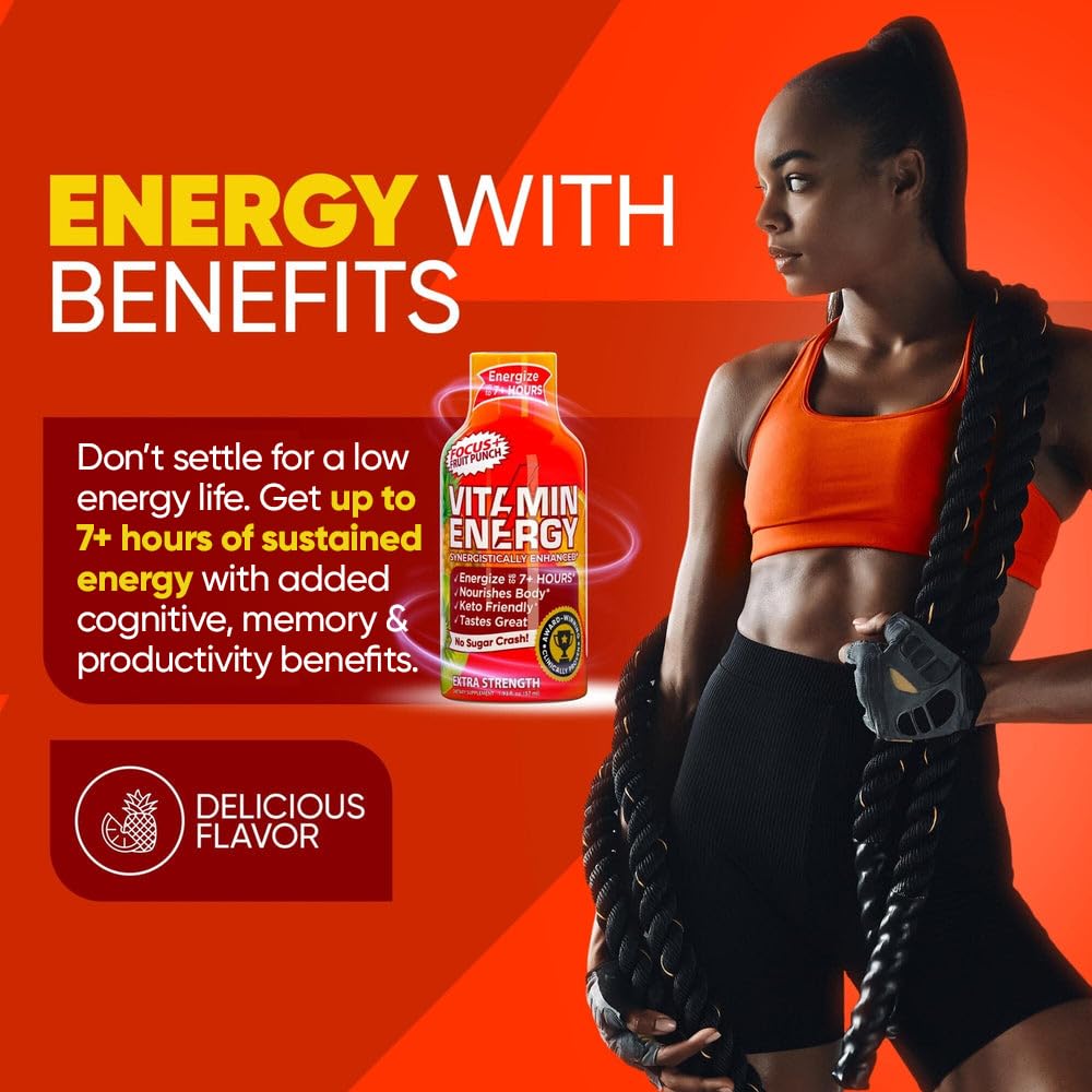 Vitamin Energy Focus+ Extra Strength Shot, Fruit Punch, 24 Pack – 260mg Natural Caffeine, CoQ10 & B-Vitamins, Zero Sugar, 1.93 fl oz
