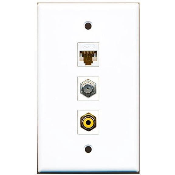 RiteAV - 1 Port RCA Yellow and 1 Port Coax Cable TV- F-Type and 1 Port Cat6 Ethernet White Wall Plate