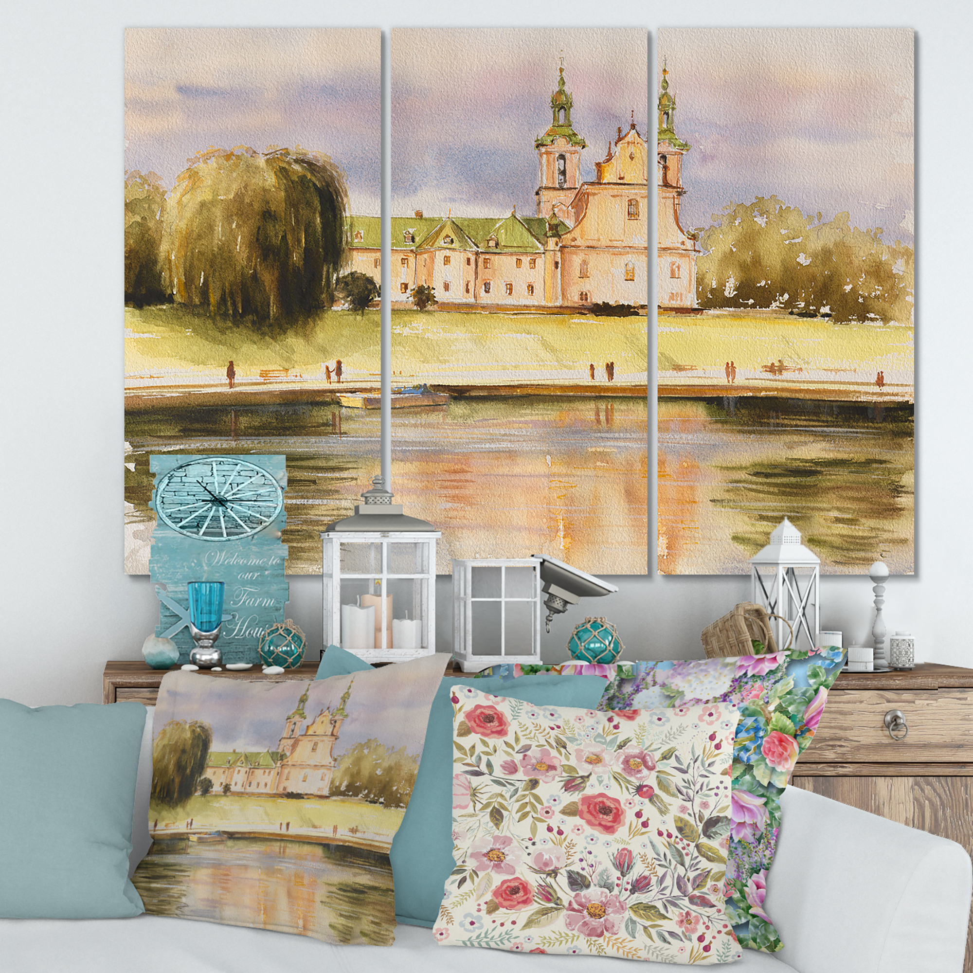 Designart ' Historical Church On The Rock On Banks of The River ' Lake House Canvas Wall Art Print