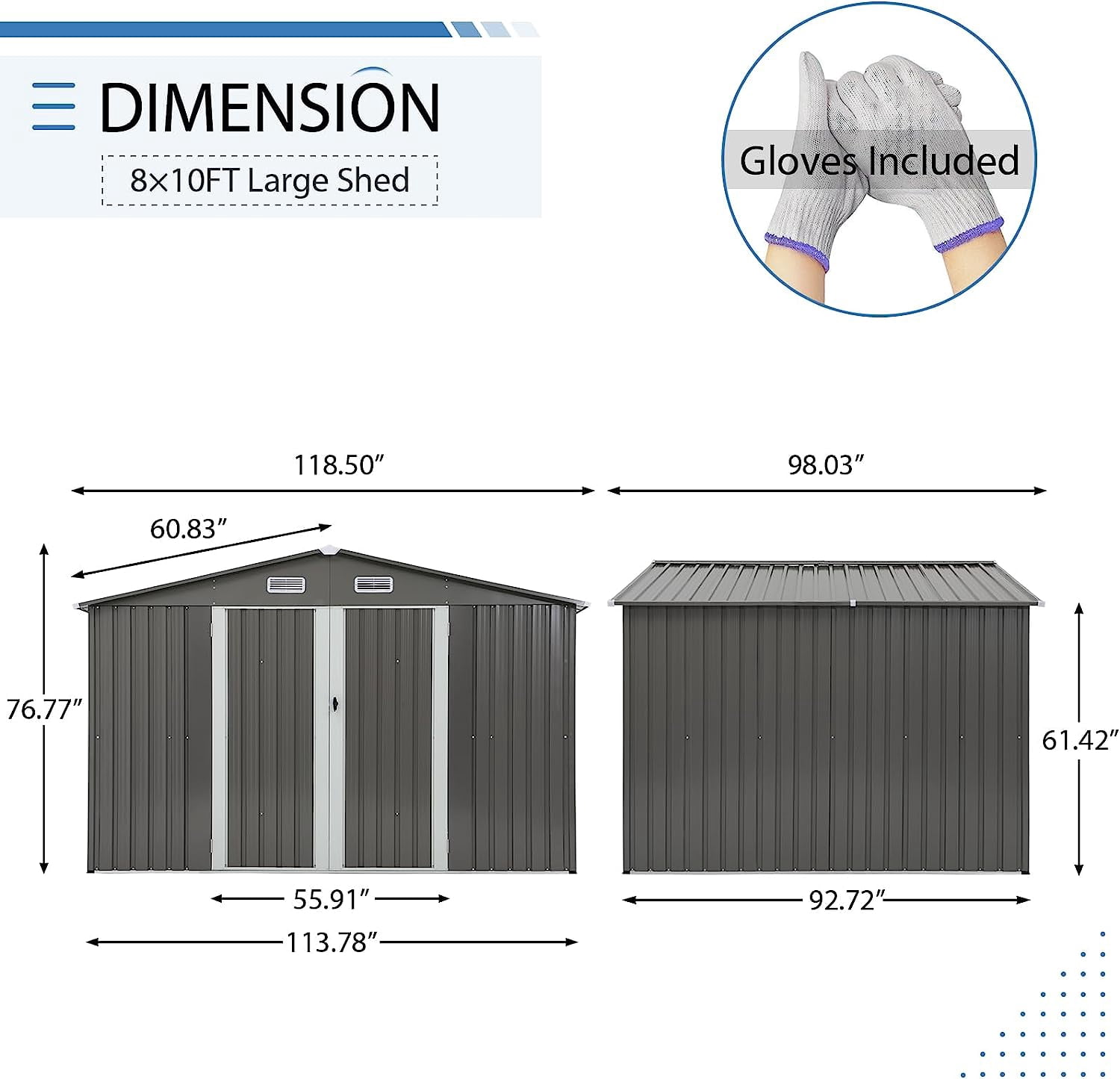 JOIVI Outdoor Storage Shed, 8'x10' Large Galvanized Steel Metal Garden Shed, Double Door W/Lock, Outdoor Storage House for Backyard Patio Lawn, Gray