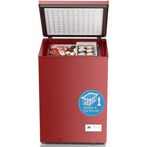 Deep Freezer 3.2 Cubic Feet 14℉to -40℉ Low Temperature Chest Freezer with Removable Basket,Free Standing Top Open Door Small Freezer,Adjustable Temperature for Home,Basement,Kitchen,Red