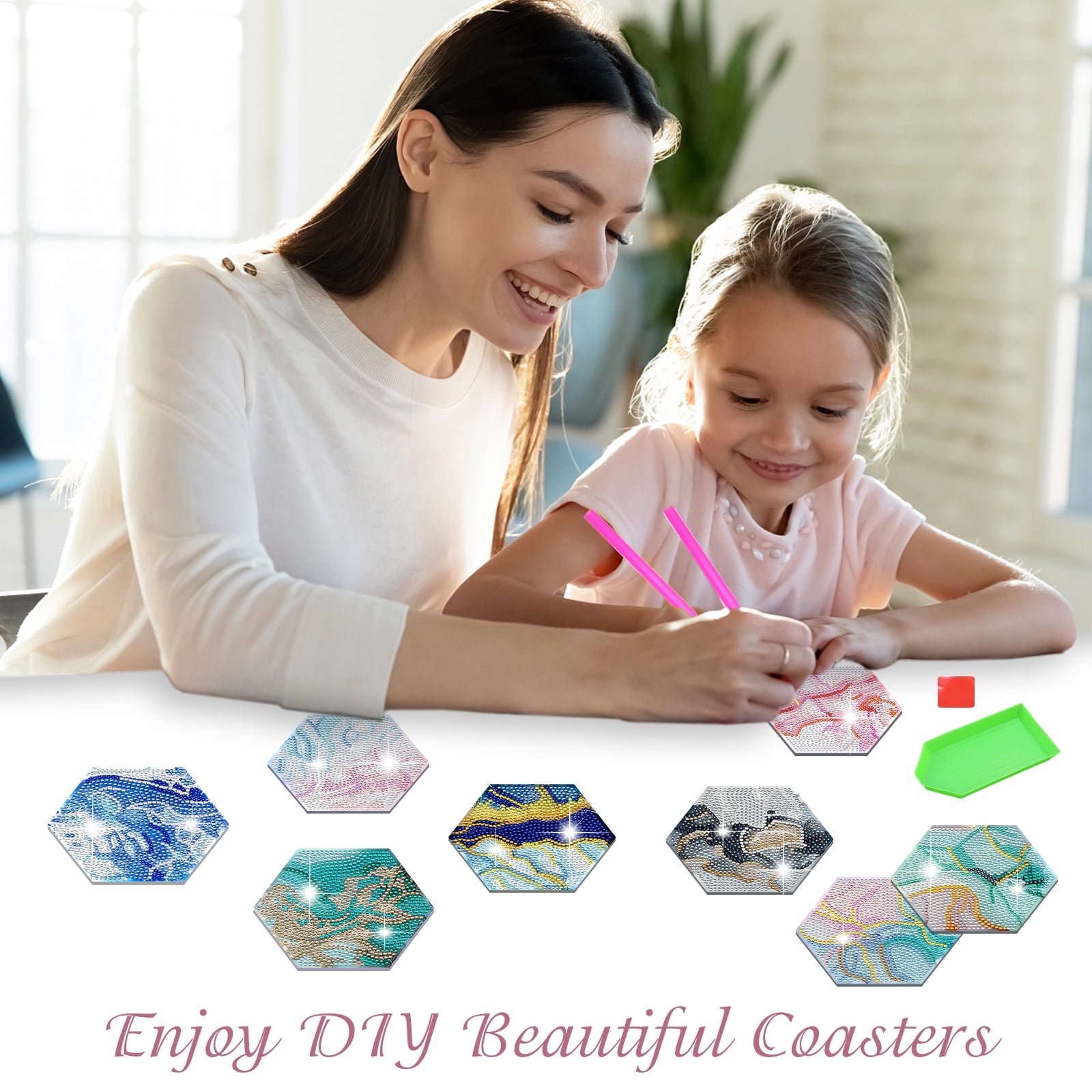  Rhuyoshn 8 Pcs Diamond Coasters Kit, Dog Coasters with Holder,  Art Coasters Kits for Beginners, Adults & Kids