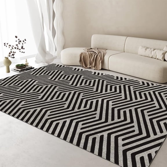 Washable Living Room Large Area Rug, Black and Gray Geometric Striped Texture Bedroom Rug, Soft Low Pile Dining Room Carpet, Non-Slip Easy Clean Balcony Office Kitchen Rugs 2x3ft