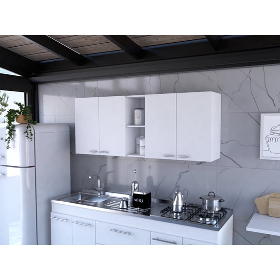 Miekor Furniture Portofino 150 Wall Cabinet, Double Door, Two External Shelves, Two Interior Shelves -White B5A2166