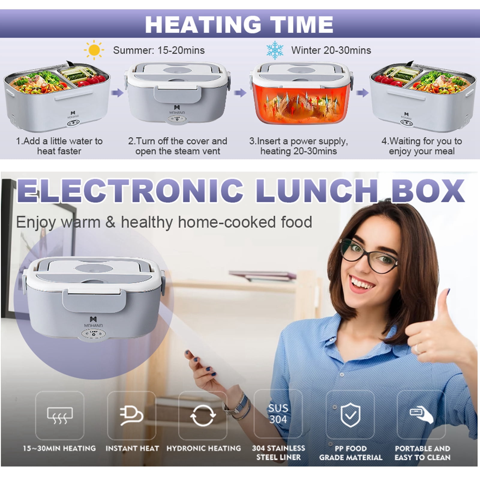 Welan Electric Lunch Box Food Heater 65W Faster Heated Food Warmer Self Heating Lunch Box for Work/Car/Outdoors, Portable Lunch Case with Bag