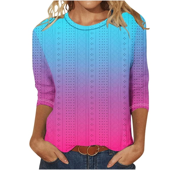 Scyoekwg Womens Long Sleeve Blouses for Fall Cewneck Three Quarter Length Sleeve Blouse Loose Lightweight Gradient Color Graphic Tee Fall Clothes Vintage Casual Pullover
