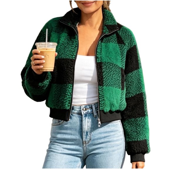 SZJXBUY Cropped Jackets for Women Trendy Plus Size Cozy Plaid Collared Zip Up Jacket Casual Winter Warm Long Sleeve Coats Outerwear Green,L