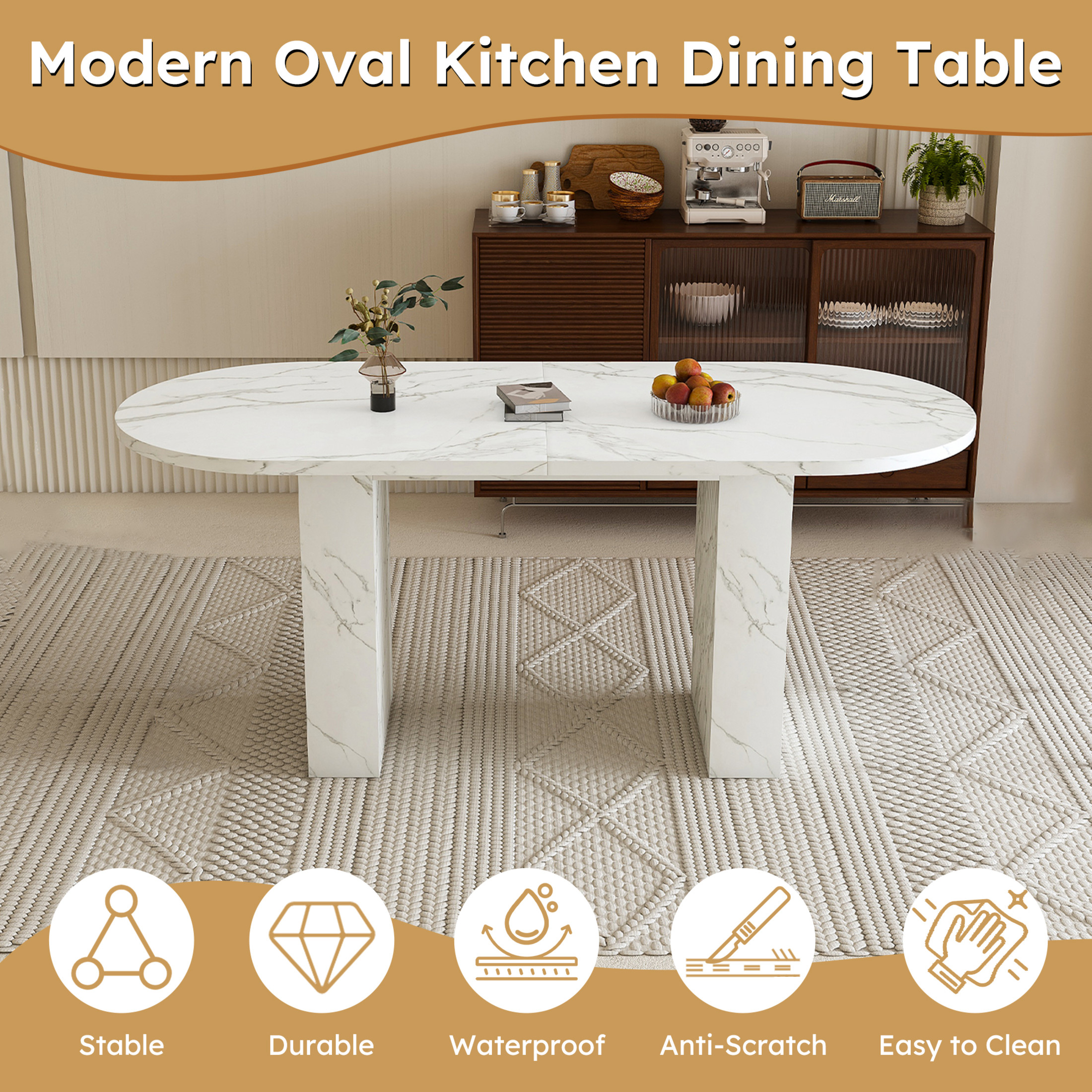 Noble House 63" Oval Dining Table for 6, Marble Top with Wood Strip Base, Modern Farmhouse Kitchen Table, White